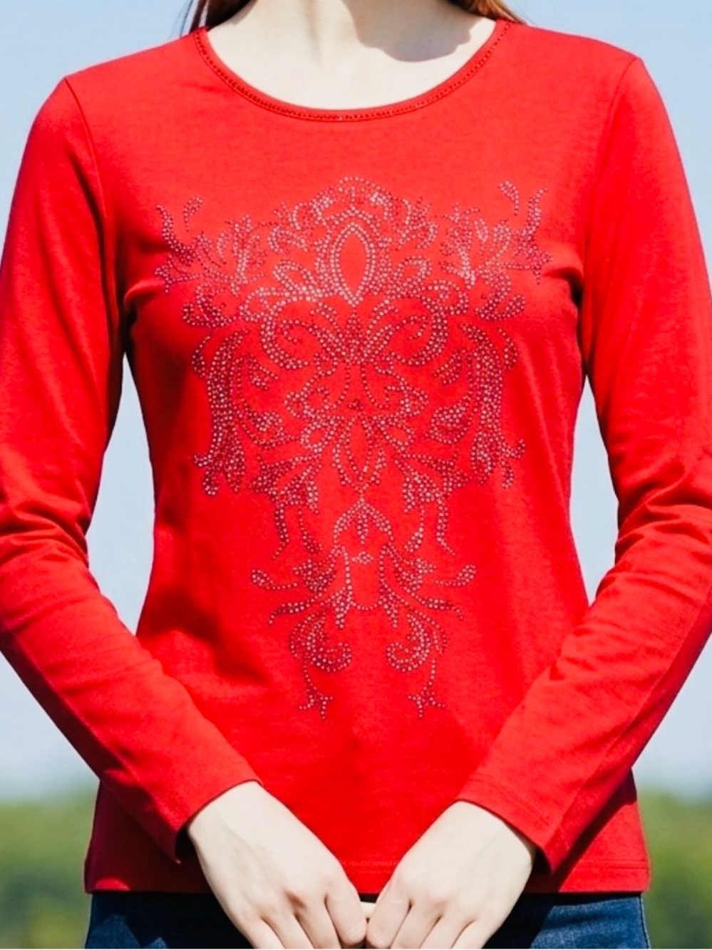 Women's Red Long-Sleeve Embellished Tee